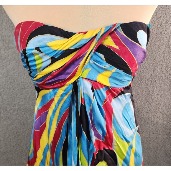 Caché Silk Strapless Cocktail Dress Size 2 Y2K Swirl Babydoll Mini Bubble Hem - Picture 2 of 8